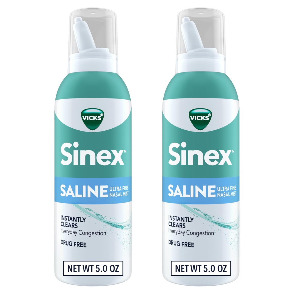 Vicks Sinex SALINE Spray nasal, anti-drogue ultra fine, clair tous les jours congestion de sinus rapide, clair mucus d'un froid ou allergie, utilisation quotidienne 5,0 fl oz x 2