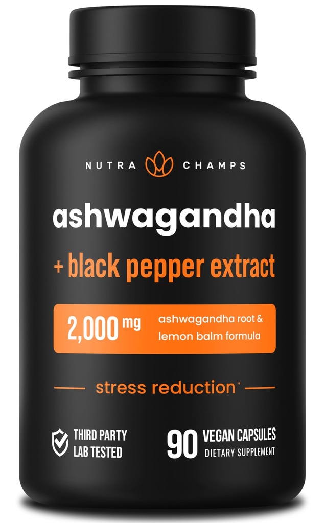 NutraChamps Organic Ashwagandha Capsules, 2000mg Fatigue adrénale, Thyroïde & Mood Support Suppléments Ashwagandha, Poudre de racine Ashwagandha & Baume de citron, Absorption supérieure avec poivre noir