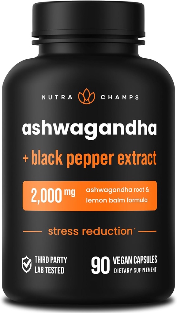 NutraChamps Organic Ashwagandha Capsules, 2000mg Fatigue adrénale, Thyroïde & Mood Support Suppléments Ashwagandha, Poudre de racine Ashwagandha & Baume de citron, Absorption supérieure avec poivre noir
