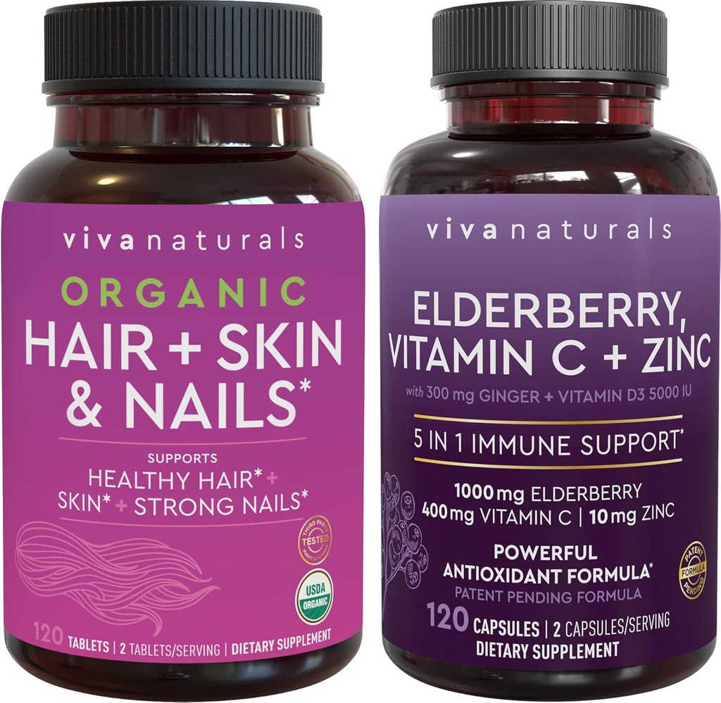 Peau et ongles de cheveux organiques + Elderberry, lot de vitamine C et zinc, fait avec Biotin 5000mcg pour cheveux sains, Elderberry pour antioxydants et soutien immunitaire
