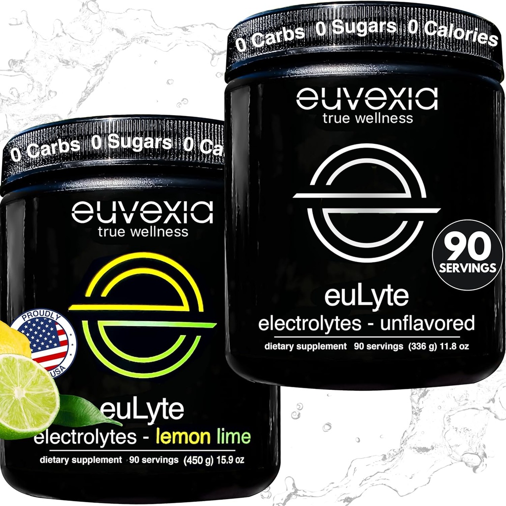 Euvexia Dr Ekberg euLyte Electrolytes Bundle , lot de variétés de lime de citron non aromatisé , sans sucre Poudre d'électrolyte avec 80+ Minéraux , 90 portions