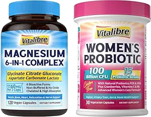 Probiotiques pour femmes 100 milliards CFU 30 Capsules et supplément complexe de magnésium 6 en 1, 120 Capsules