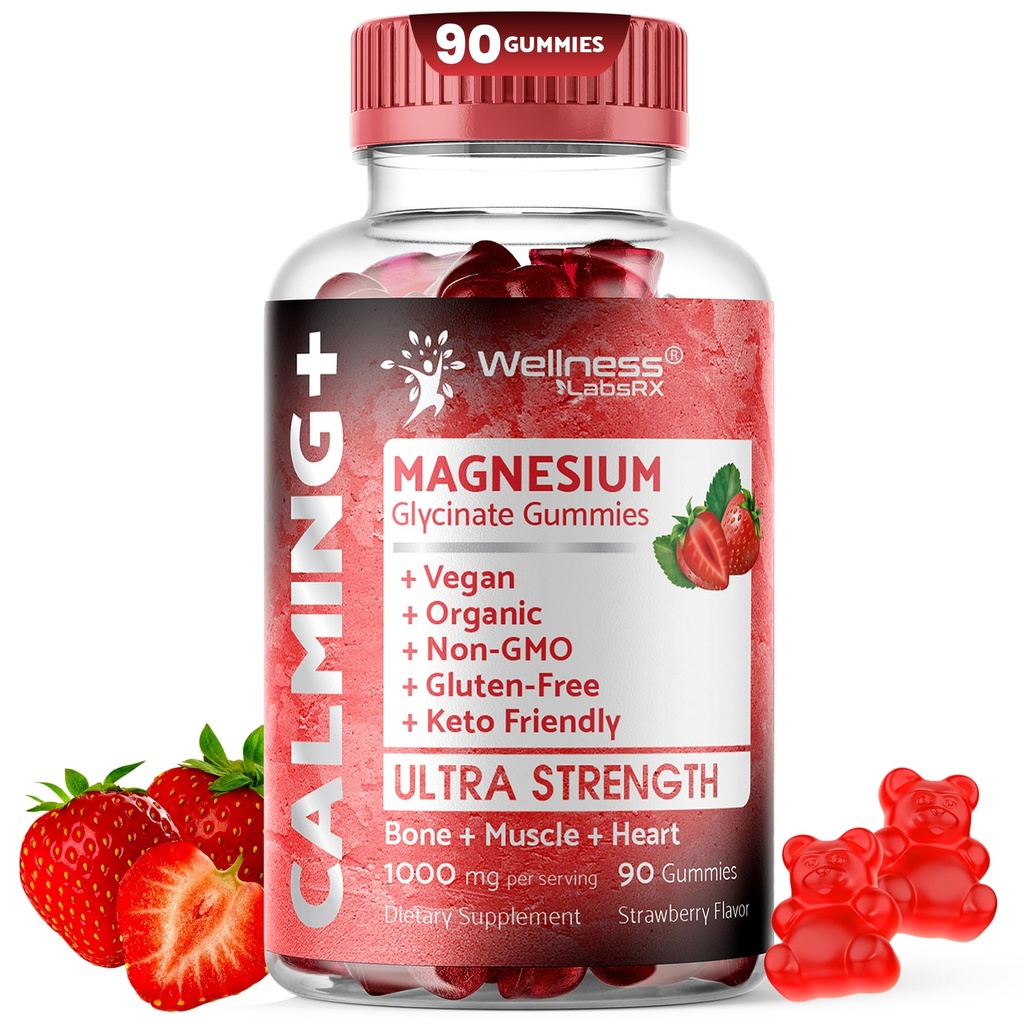 Glycinate de magnésium, 1000 mg - Supplément de magnésium pour soutenir la relaxation, la santé cardiaque - Gummies Magnésio calmes à croquer pour adultes, Glicinato De Magnesio - Arôme fraise