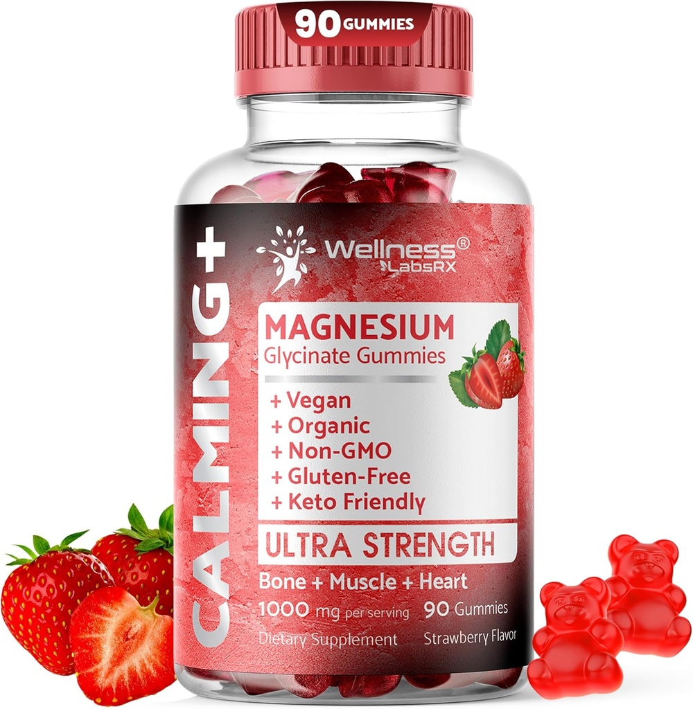 Glycinate de magnésium, 1000 mg - Supplément de magnésium pour soutenir la relaxation, la santé cardiaque - Gummies Magnésio calmes à croquer pour adultes, Glicinato De Magnesio - Arôme fraise