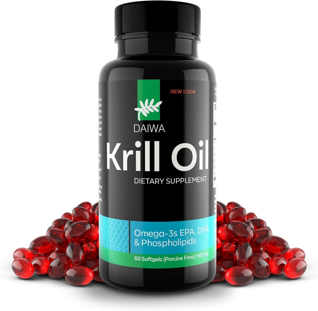 Daiwa Krill Huile 1000mg Softgels - EPA DHA Omega 3 supplément huile de krill antarctique avec astaxanthin - Solution naturelle pour les articulations, le soutien du cerveau et la santé cardiaque - 60/ct