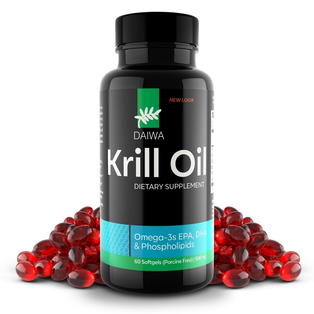 Daiwa Krill Oil 1000mg Softgels - EPA DHA Omega 3 supplément d'huile de krill antarctique avec Astaxanthin - Solution naturelle pour les articulations, le soutien du cerveau et la santé cardiaque - 60/ct