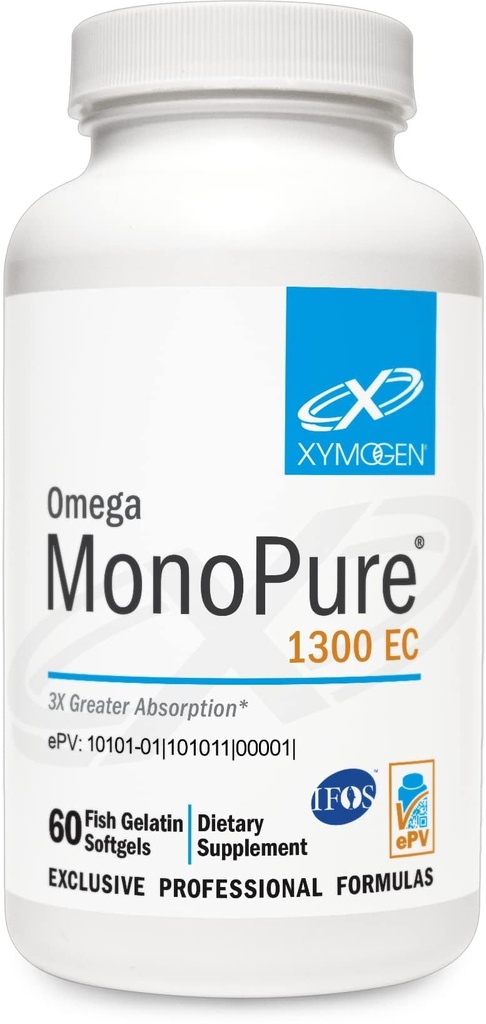 XYMOGEN Omega MonoPure 1300 EC - Huile de poisson avec une plus grande absorption 3X - Supplément Omega 3 de l'EPA DHA pour la santé cardiaque + soutien cognitif (60 Softgels)