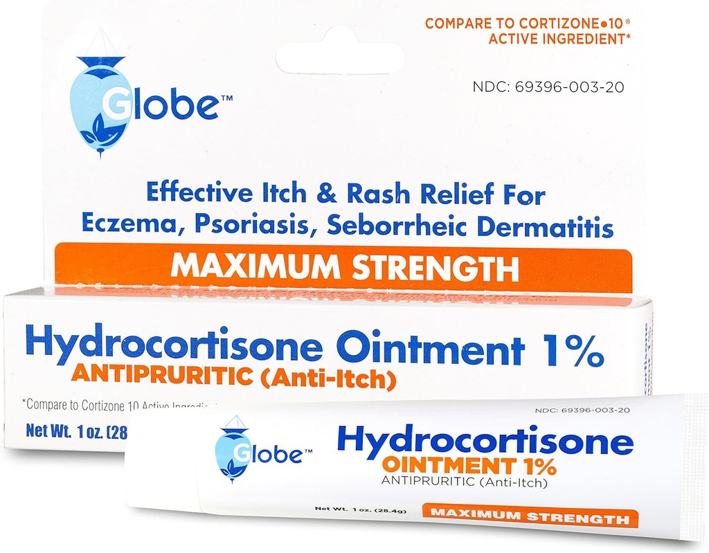 Globe Hydrocortisone Force maximale Onguent transparent 1%,1 oz.Onguent thématique anti-Itch pour rougeur, gonflement, démangeaisons, rash, dermatite, Bug/Mosquito, Eczéma, Hémorroïdes et plus