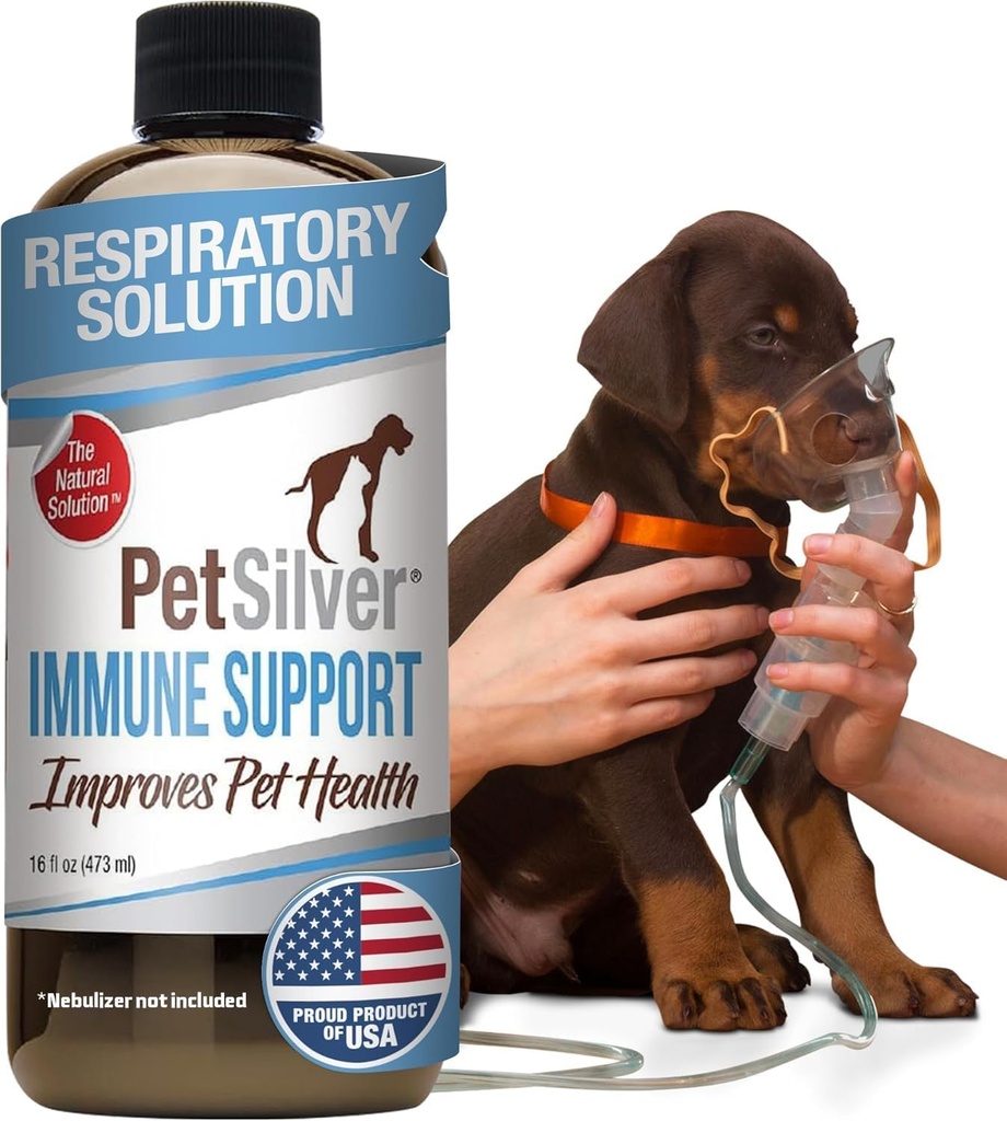 PetSilver Immune Support, Natural Nebulizer Solution, Promotes Respiratory Health in Cats & Dogs, Allergies, Sinus & Cough Treatment, Easy to Use, Patented Chelated Silver, Made in The USA, 16 fl oz