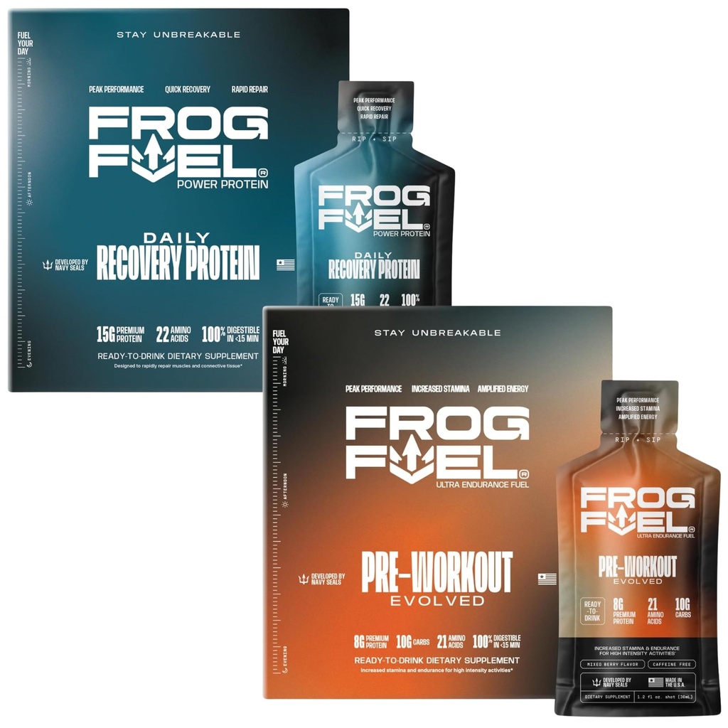 Alimentation en carburant de la grenouille Protéines régulières et ultra avant l'entraînement Ensemble de shot, 1500mg Beta Alanine, 15g Protéines Nano-Hydrolyzed Grass Fed Collagen, Pré et après l'entraînement, 1.2 oz Packets, 48 Pack