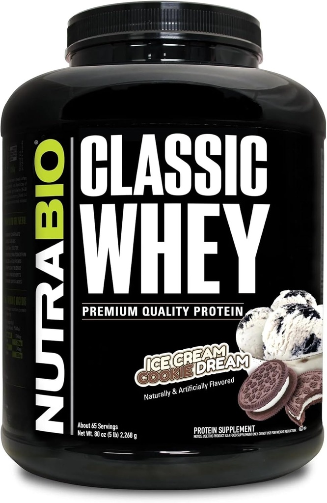 NutraBio Classic Whey Protéine Poudre- Profile d'acide amino plein spectre - Pas de remplissage, Couleurs artificielles, Préservatifs - Faible indice glycémique - Ice Cream Cookie Dream, 5 livres