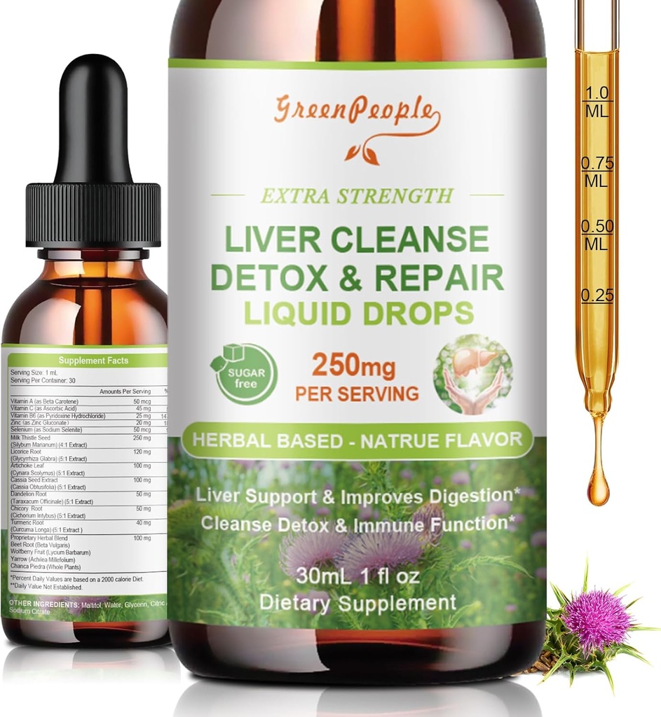 GREENPEOPLE Nettoyez le foie Détox et les gouttes de réparation - Supplément du foie avec le chardon Silymarin, Artichaut et Dandelion pour le foie Détox et le soutien- 16 x Potent Herb-Nutrients - 1Fl Oz saveur naturelle