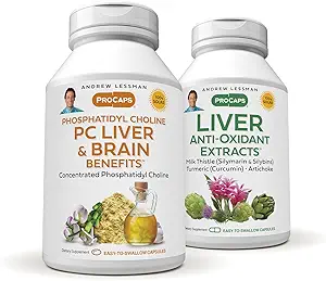 ANDREW LESSMAN PC Liver and Brain Benefits + Liver Anti-Oxidant Extracts Kit: 90 Capsules(60sg+30cp) - Phosphatidyl Choline, Milk Thistle, Artichoke, Curcumin.