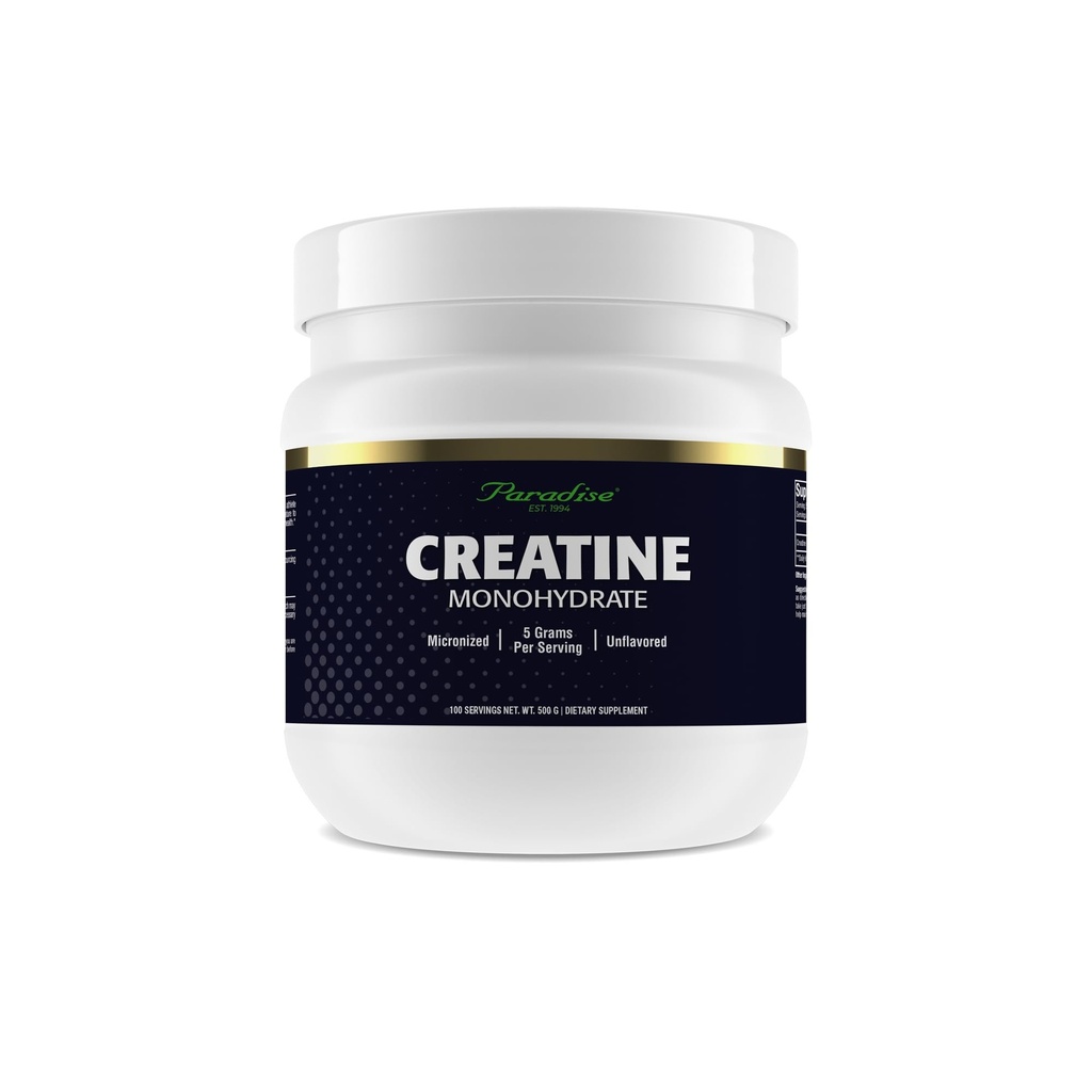 Poudre monohydratée de créatine paradisiaque, micronisée pour l'absorption accrue, soutient la construction musculaire et la performance athlétique, 500g, 100servings