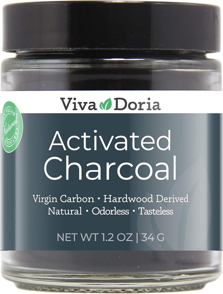 Viva Doria en poudre de charbon activé, dérivée de bois franc, de qualité alimentaire, pot en verre de 1,2 oz
