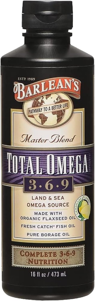 Barlean's Total Omega 3 6 9 Supplément d'huile de poisson liquide avec de l'huile de bore et de lin 6,468 mg d'Omégas EPA, DHA, ALA et GLA pour la santé articulaire et cardiaque, 16 oz