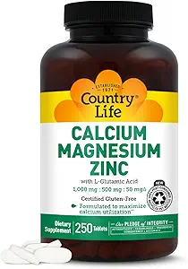 Pays Vie Calcium Magnésium Zinc avec acide L-Glutamique, supplément alimentaire pour le soutien des os, certifié sans gluten, 1000mg/500mg/50mg, 250 comprimés