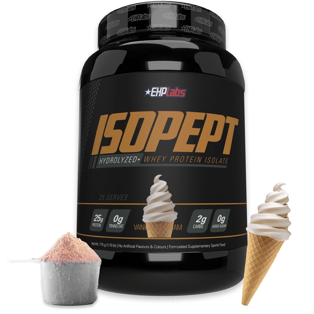 IsoPept Hydrolysed Whey Protein Powder by EHPlabs - 100% Whey Protein Isolate & Hydrolysate, 27g de protéines, non-OGM, sans gluten, absorption rapide, digestion facile, 27 portions (Vanilla Ice-Cream)