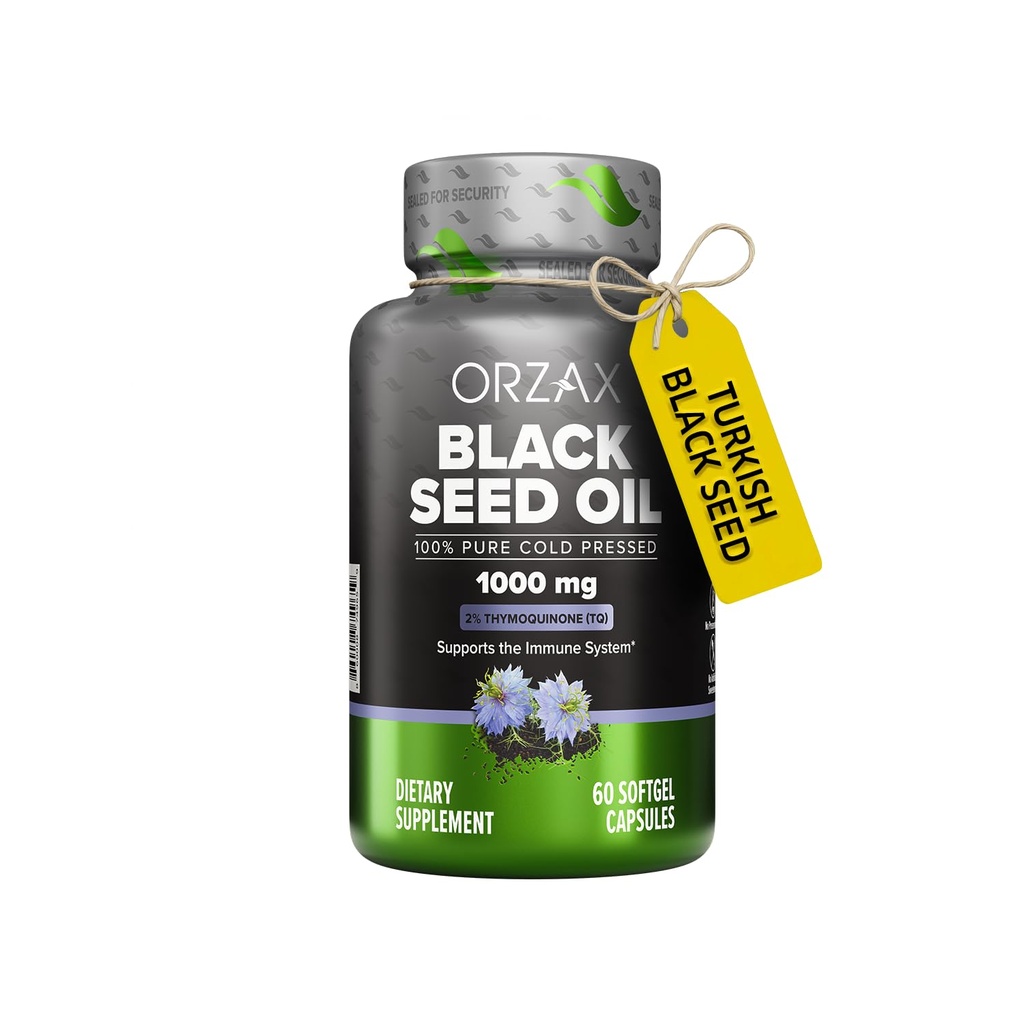 ORZAX 1000 mg Black Seed Oil Capsules à pression froide biologique avec 20 mg de thymoquinone pour le soutien immunitaire, les cheveux bons, la peau et les articulations (60 capsules de gel souple)