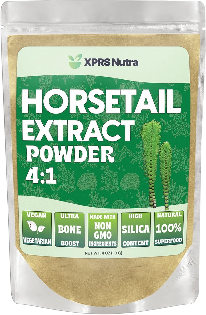 XPRS Nutra Horsetail Extract Poudre pour les cheveux, les ongles et les os - Poudre de racine de queue de cheval haute puissance - haute teneur en silice pour des résultats maximaux - Extrait de queue de porc végétalien amical (4 oz)