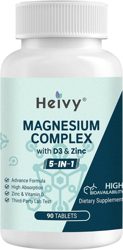 Complexe de Magnésium Heivy, Glycinat de Magnésium, Citrate, Malate, Oxyde, Gluconate avec Zinc et Vitamine D3, Supplément de Magnésium pour Muscle, Nerve, Coeur, Bone Support, Haute Absorption, 90 Comprimés