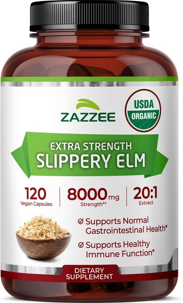 Zazzee USDA Organic Slippery Elm Bark 20:1 Extrait, 8000 mg de force, 120 capsules végétaliennes, 4 mois d'approvisionnement, normalisé, concentré 20X Extrait, 100% végétarien, tout naturel, non-OGM, Fabriqué aux États-Unis