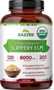 Zazzee USDA Organic Slippery Elm Bark 20:1 Extrait, 8000 mg de force, 120 capsules végétaliennes, 4 mois d'approvisionnement, normalisé, concentré 20X Extrait, 100% végétarien, tout naturel, non-OGM, Fabriqué aux États-Unis