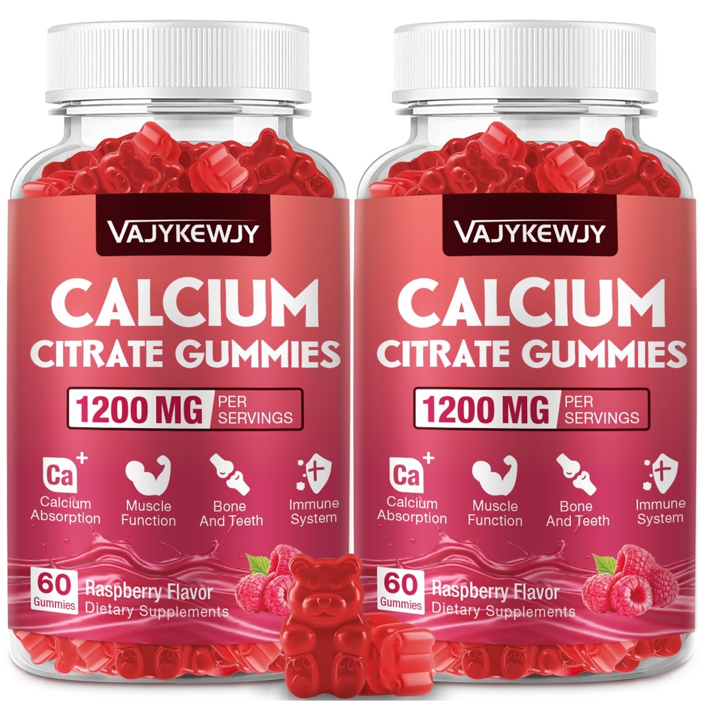 Calcium Citrate Gummies 1200mg for Adults & Kids - Bone & Teeth Support, Easy Absorption, Delicious Raspberry Flavor - Non-GMO, Gluten Free, Vegan - 120 Count