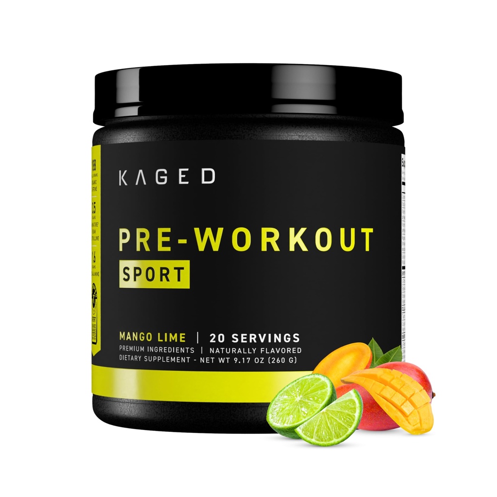 Poudre de pré-entraînement Kaged Sport pour hommes et femmes, Lime de mangue, Certifié Sport, 188mg Caféine, Supplément à oxyde nitrique, Beta Alanine pour l'énergie, l'haltérophilie, Cardio Endurance et la force, 20 portions