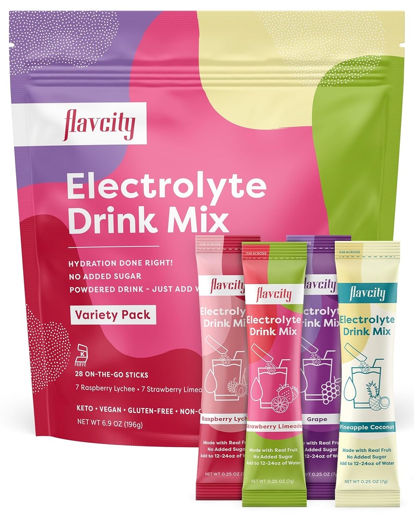 FlavCity Electrolytes Drink Mix, Variety Pack, 28 Packs de bâtons sur le pouce - Packs de poudre d'électrolytes sains fabriqués avec des fruits réels - Kéto en poudre boisson sans sucre ajouté, sans gluten