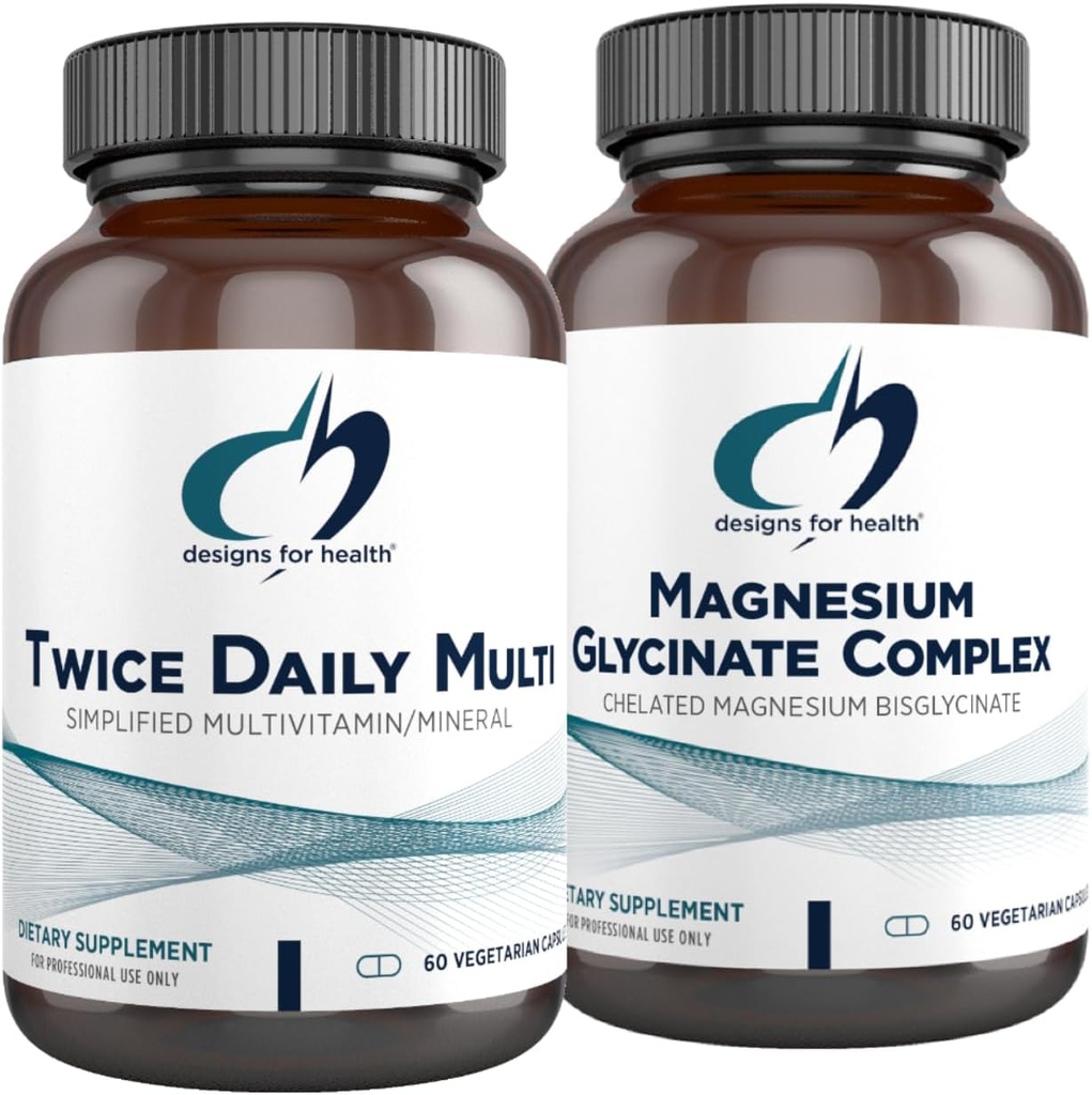 Designs for Health Magnésium Glycinate Complex (60 Capsules) et deux fois par jour Multi (60 Capsules) Bundle - Multivitamine Premium avec supplément de magnésium folate et haute absorption