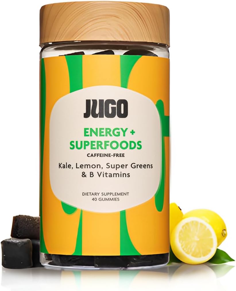 JUGO Énergie + SUPERFOODS Exclusivité Vitamine B12 Gommies avec Kale & Super Greens Exclusivité énergétique sans caféine 40 Gommies à base végétale, sans gélatine, sans OGM, fabriqués aux États-Unis
