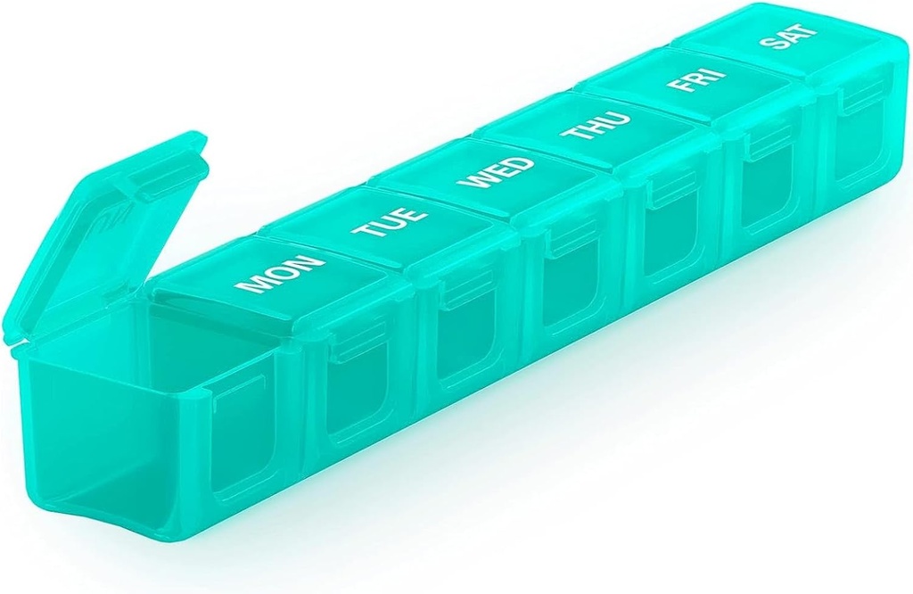 Sukuos Extra Large Weekly Pill Organizer, 7 Jours Daily Pill Box Case Arthritis Friendly, sérigraphie Imprimé récipient de médecine avec un couvercle clair pour les vitamines, huiles de poisson ou suppléments (Cyan)