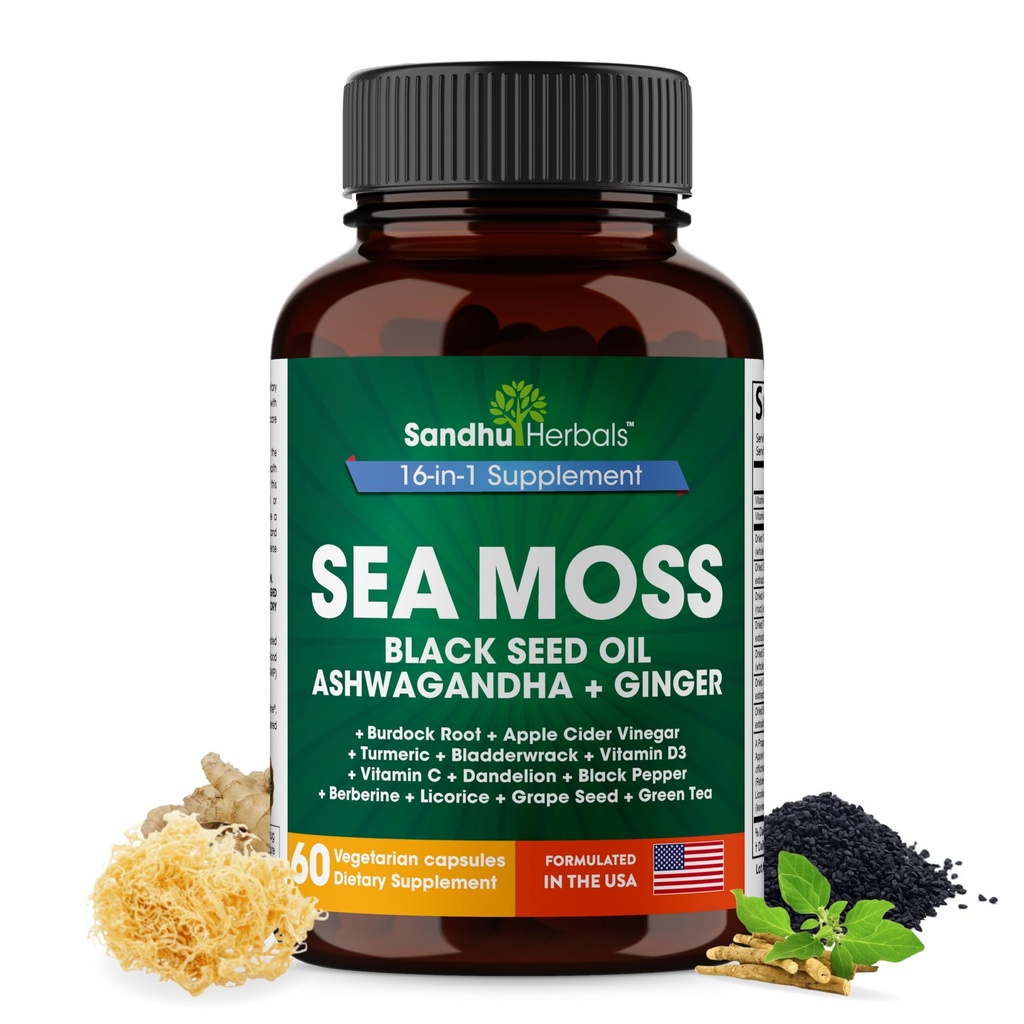 SANDHUHERBALS Capsules de mousse de mer avec huile de graines noires Ashwagandha Ginger Root Burdock.
