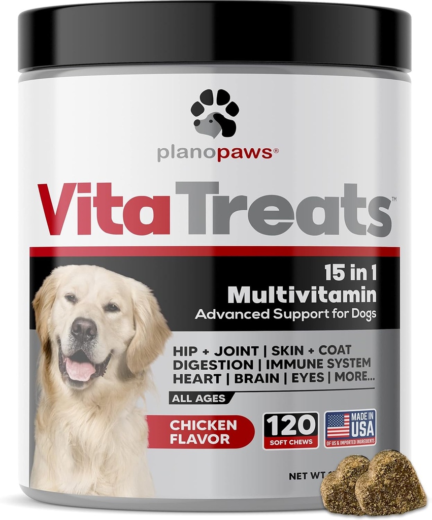 Vita Treats - Vitamines et suppléments pour chiens - Huile de chanvre pour chiens - Glucosamine Chondroïtine pour chiens - Omega 3 Huile de poisson pour la peau et le manteau - Probiotiques - Supplément pour chiens - 120 Chien Multivitamin Chews