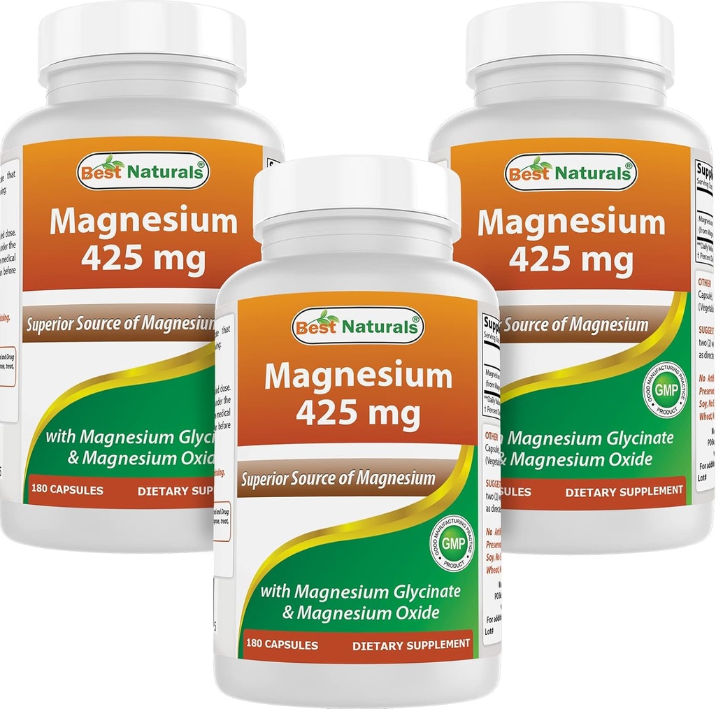 Best Naturals Magnésium 425 mg 180 Capsules de Véggie - Haute absorption Magnésium Glycinate et oxyde de magnésium Chélaté, non-OGM, sans gluten Muscle Relax (180 Nombre (paquet de 3))