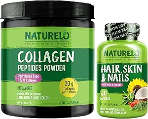 NATURELO Hair, Skin and Nails Multivitamin, 60 Count Collagen Peptide Powder, 45 Servings