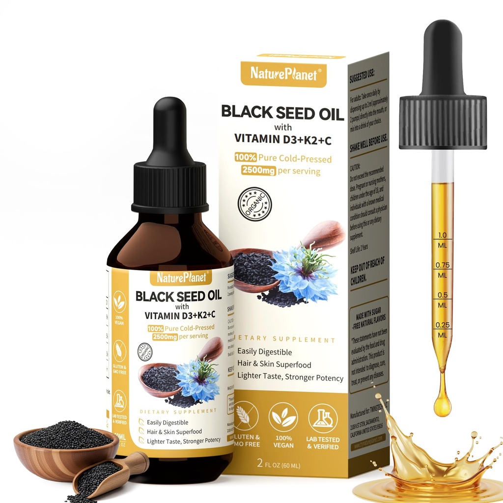 NaturePlanet Black Seed Oil Multivitamin Drops | Cold-Pressed Black Seed Oil with Vitamin D3, K2 & C | Vegan Dietary Supplement | 2 Fl oz