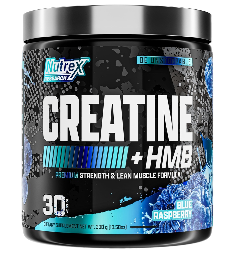 Nutrex Research Creatine HMB Powder - Creatine Monohydrate Powder with HMB for Muscle Growth, Strength, Energy and Performance - Transparent Formula - Blue Raspberry - 30 Servings