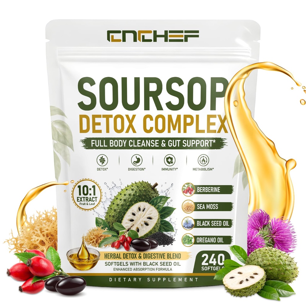 Soursop Supplement with Graviola Extract, Herbal Capsules with Black Seed Oil, Berberine & Sea Moss, Soursop Fruit & Leaf Blend for Digestive Support, Immune System & Antioxidant Support, 240 Softgels