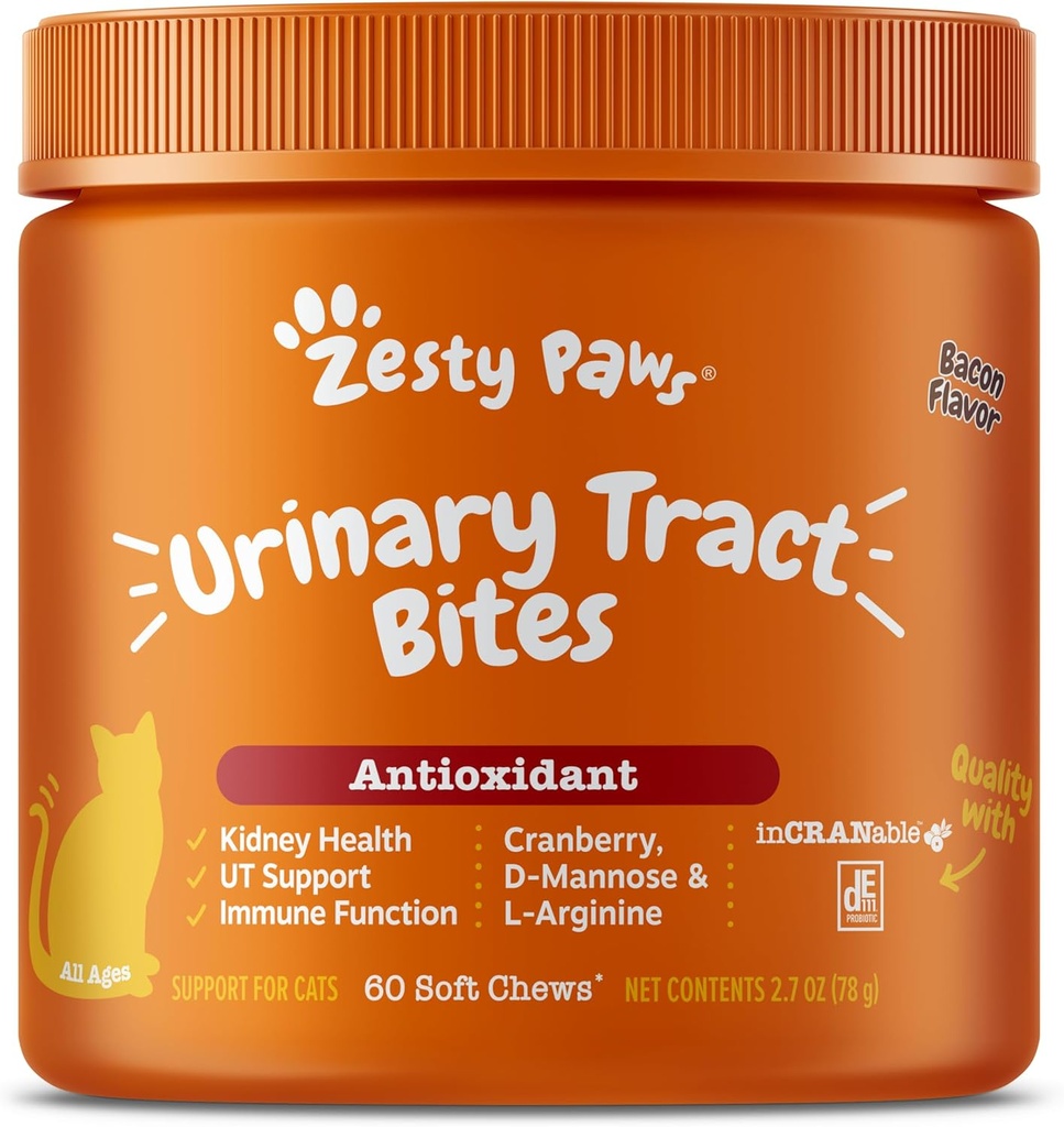 Zesty Paws Cranberry Urinary Tract Bites for Cats - Rein & Urinary Tract Health - Chews doux avec D-Mannose, Vitamine B6 & L-Arginine - Immune & Gut Support - Bacon - 60 Compte