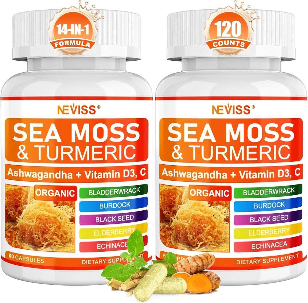 Capsules de mousse de mer - Mousse de mer irlandaise avec l'Ashwagandha Turmeric Plus, Black See Oil, Bladderwrack, Root Burdock,Vitamine C & D3, ACV Chlorophyll 120Cts