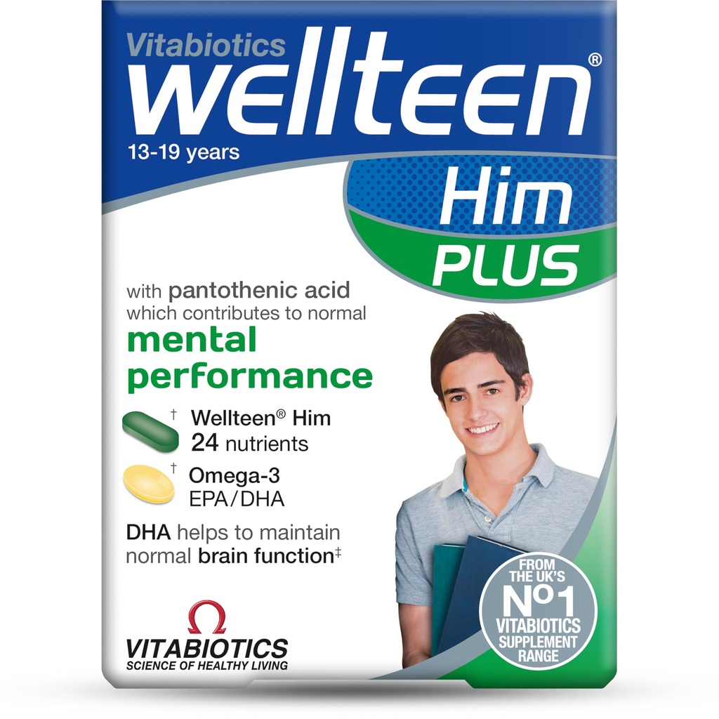 Vitabiotics Wellteen Him Plus Omega-3 - Maximum Nutritional Support for Teenagers and Young Men Ages 13-19 - 56 Tablets and Capsules