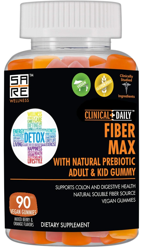 CLINICAL DAILY Fibre Max, Gommies Vegan haute fibre pour adultes et enfants. Relief de constipation pour les adultes et les enfants. 90 Gummies laxatives sans gluten pour la réparation de Gut