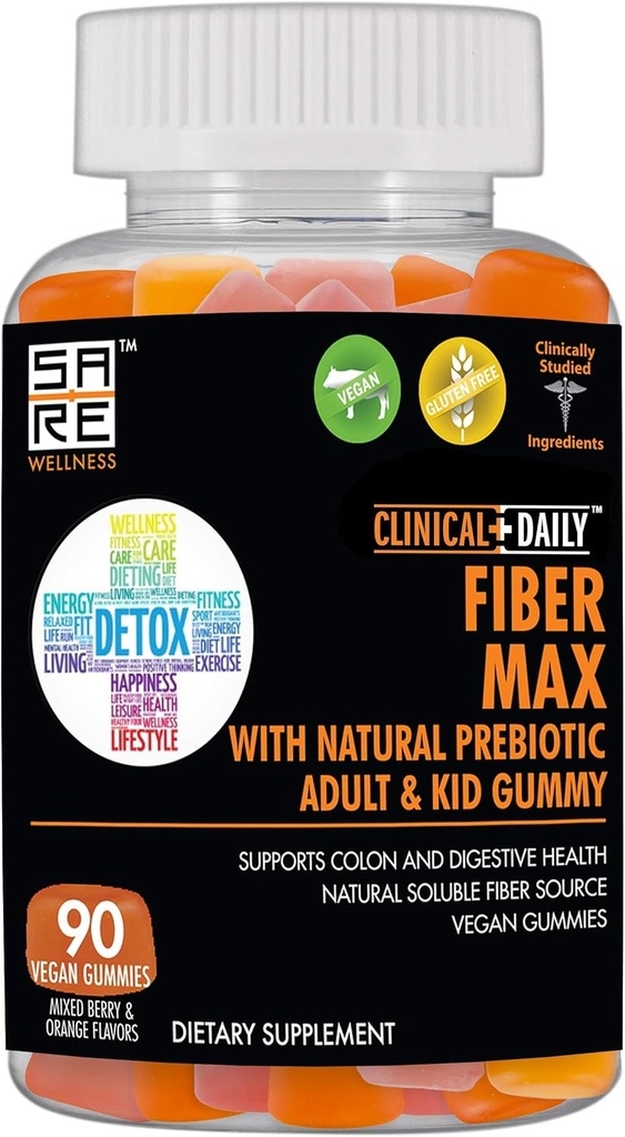 CLINICAL DAILY Fibre Max, Gommies Vegan haute fibre pour adultes et enfants. Relief de constipation pour les adultes et les enfants. 90 Gummies laxatives sans gluten pour la réparation de Gut