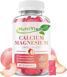 Gommies de calcium 600mg avec vitamine D3, Gommies de zinc de magnésium de calcium pour os et immunosupport, supplément de calcium pour les femmes et les hommes, sans sucre, végétalien, parfum de pêche, 60 comte