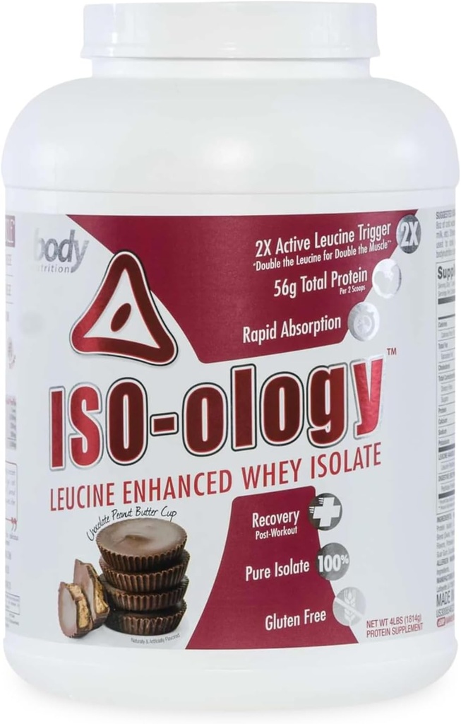Nutrition du corps ISO-Ology, Poudre de protéines de lactosérum enrichie en leucine, Supplément de récupération après l'entraînement, Lactosérum de fer à l'herbe isolée, Chocolate Peanut Butter Cup Flavor, 4lb