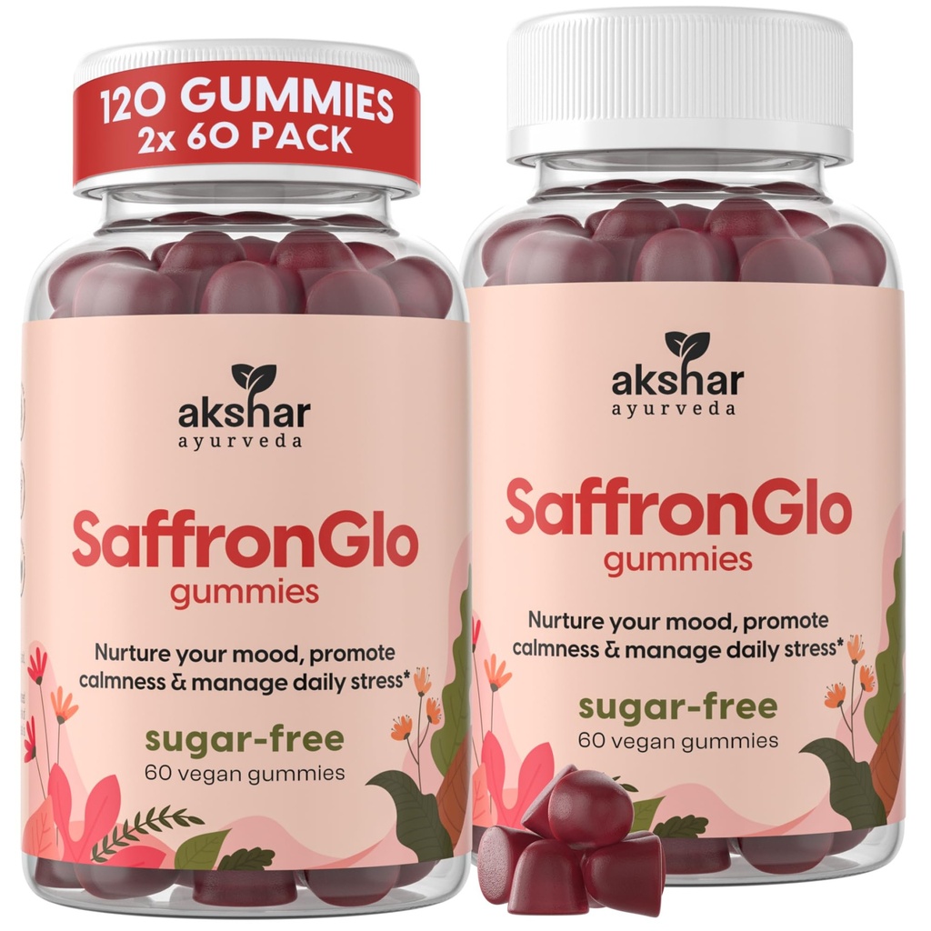 AKSHAR ayurveda Saffron Gummies-Sugar Free Vegan Mood & Focus Supplement with Safr’Inside® Saffron Extract & Vitamin B6-Supports Calm, Positive Outlook for All Ages & Hormonal Balance - 120 Ct