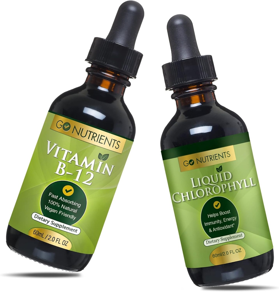 Go Nutrients Vitamine B12 2 oz & Chlorophylle liquide 60 ml Sans OGM, végétalien, sans gluten, sans soja, liquide Chlorophylle végétalien B12 Supplément sublingual avec 3000 mcg de méthylcobalamine