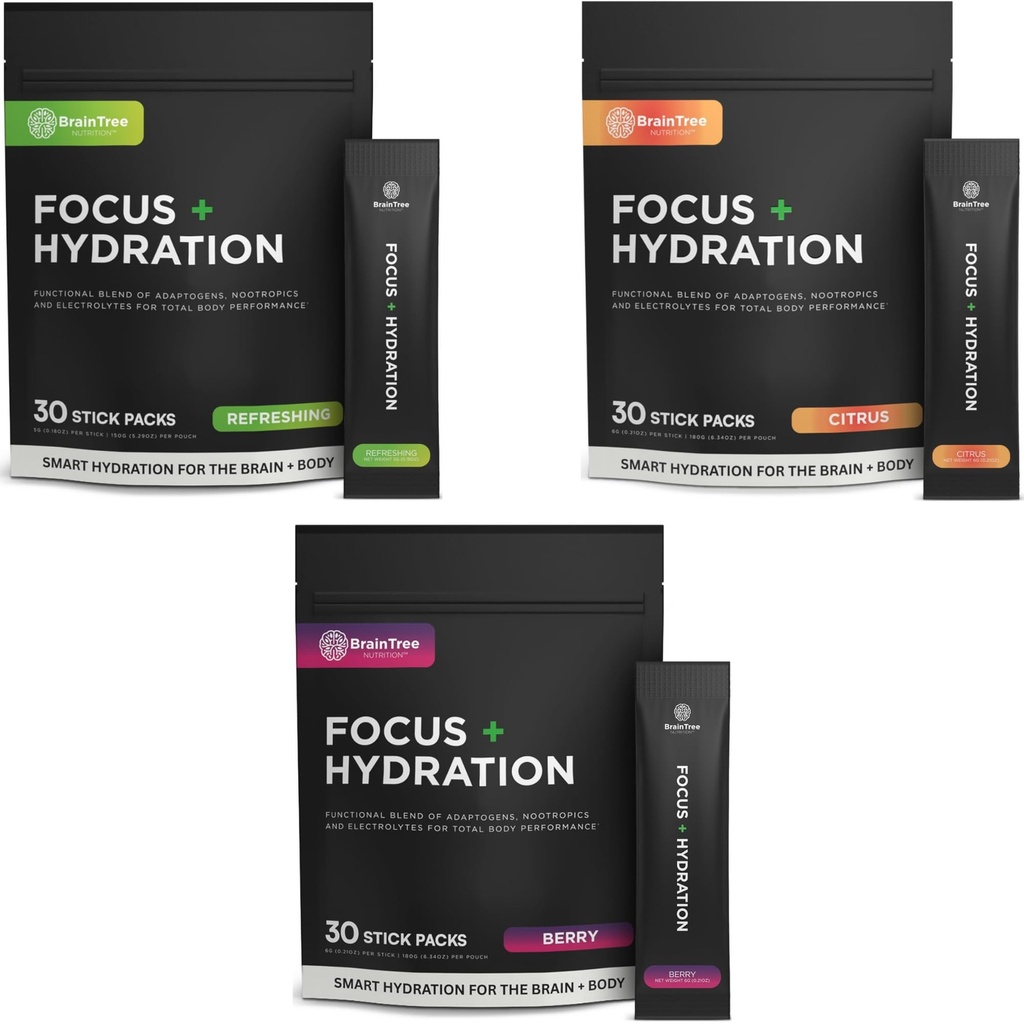 BrainTree Nutrition - Focus + Hydration - Electrolyte Drink Mix - Total Body Hydration - Supports Cognitive Function, Energy & Muscle Recovery - Sugar Free - Refreshing/Citrus/Berry - 30 Sticks